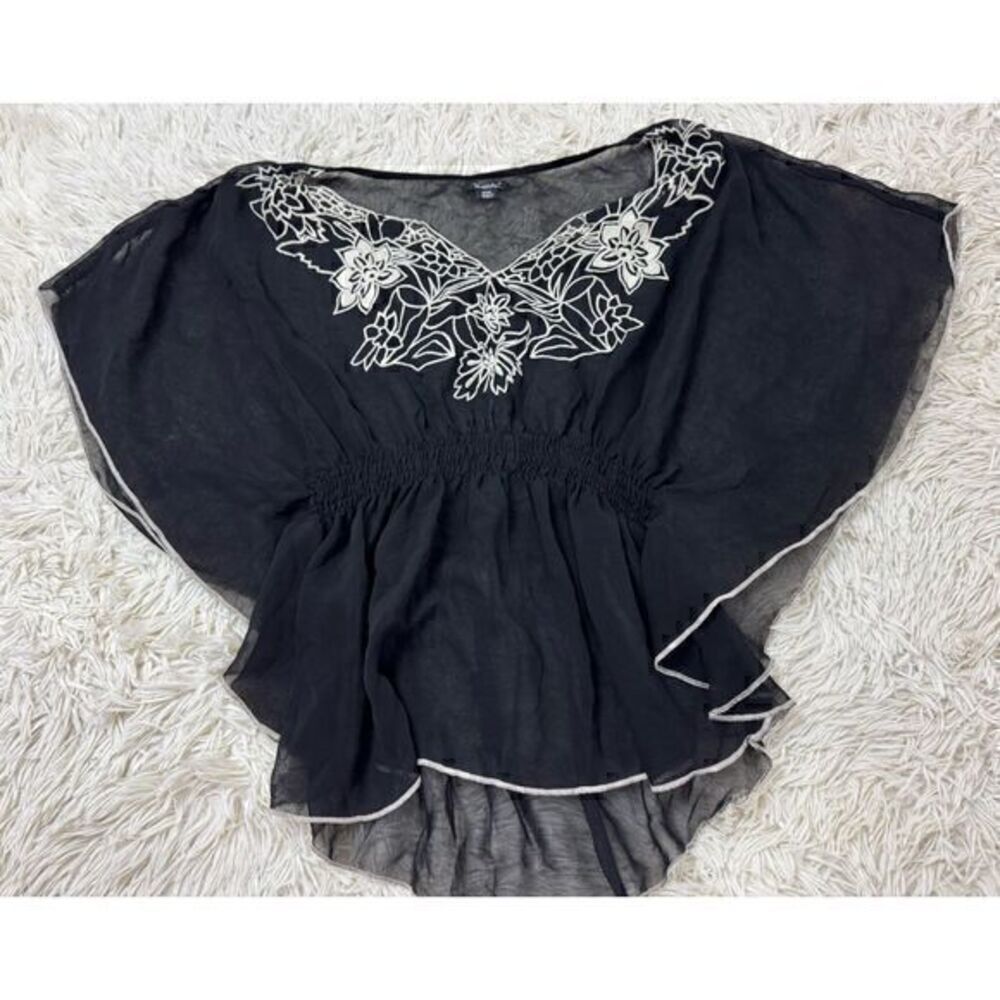 Adorable Cream & Black Tunic Sheer Blouse by Rhapsody size Medium